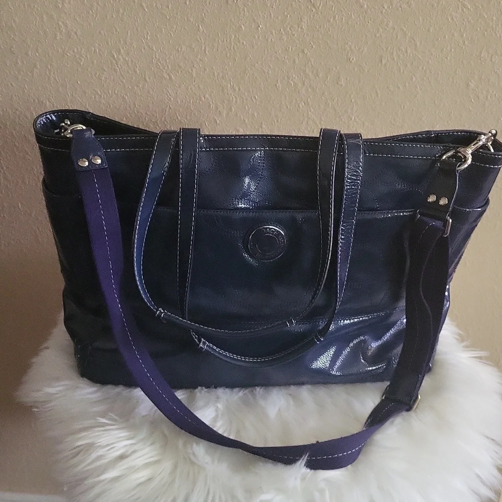 Coach Blue Signature Stitched Patent Leather Large Shoulder/cross Body Bag